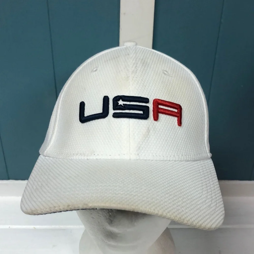 New Era GOLF USA 2016 Hat‎ Cap Flex Fit White Blue Pre Owned size S/M